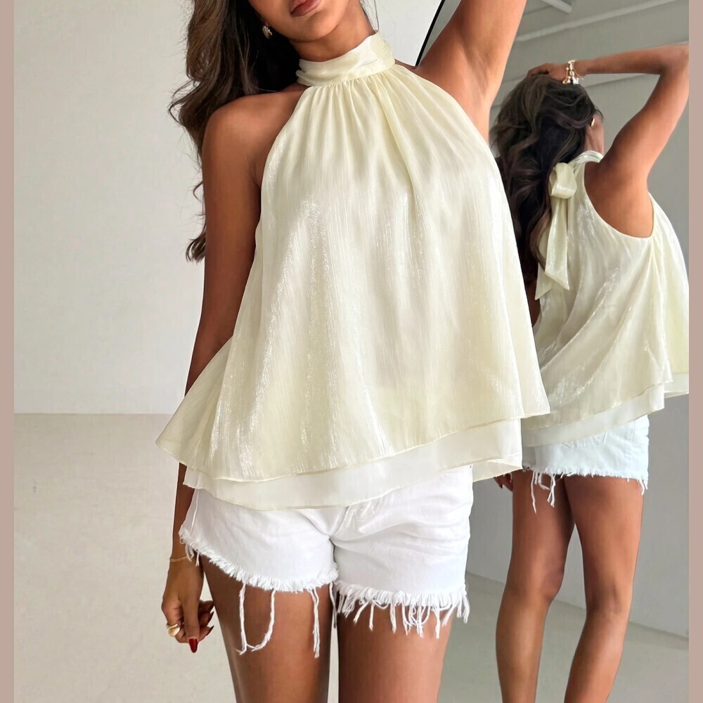 Cream Shimmer Halter Neck Swing Tank Top with Pleated Bodice